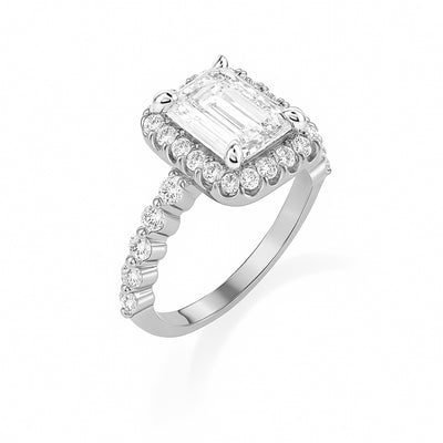 The Allison Ring - Emerald Cut Diamond Halo Engagement Ring with Pave Sides