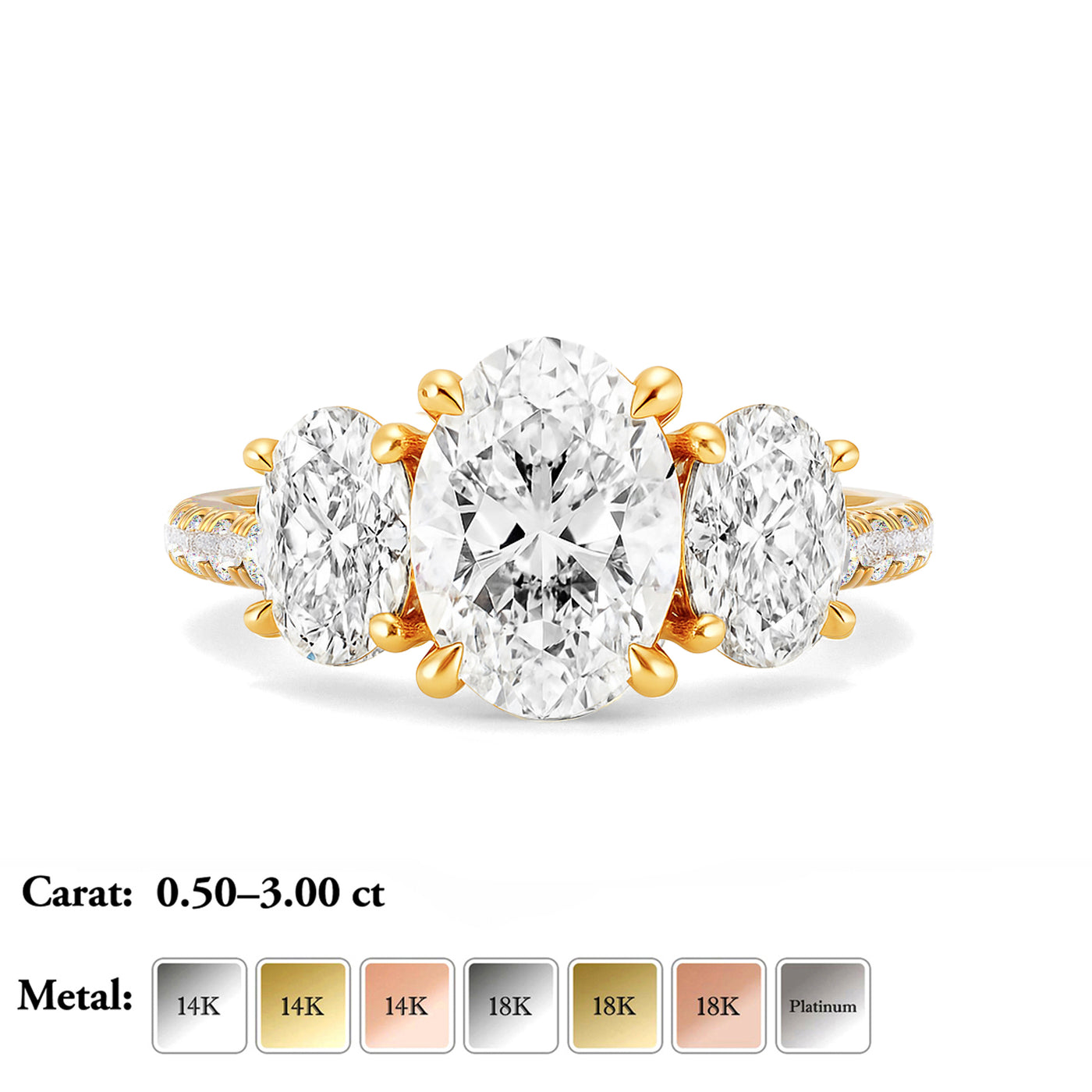 The Elisa Ring - Three Stone Oval Diamond Ring with with Pavé