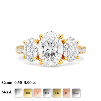 The Elisa Ring - Three Stone Oval Diamond Ring with with Pavé