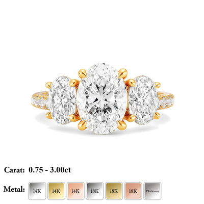 The Elisa Ring - Three Stone Oval Diamond Ring with with Pavé