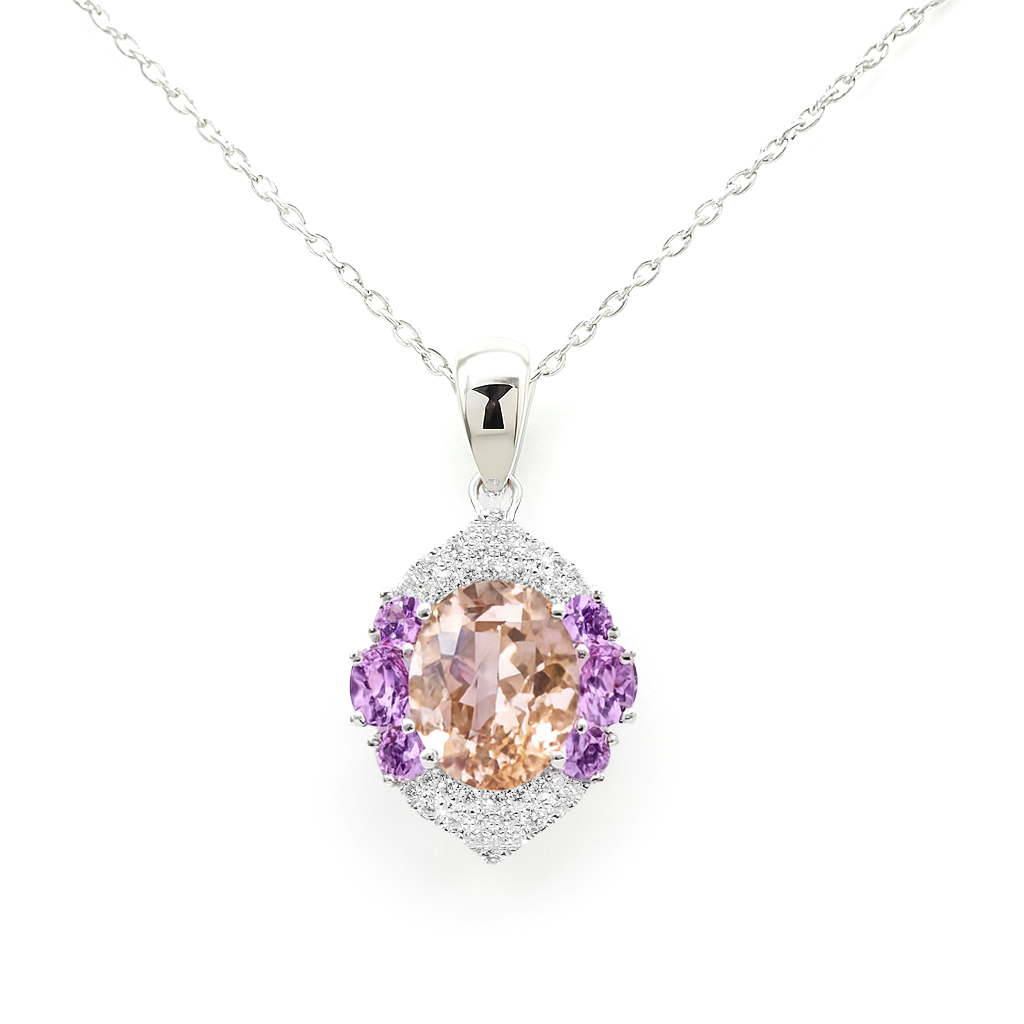 14K White Gold Morganite, Diamond and Sapphire Pendant