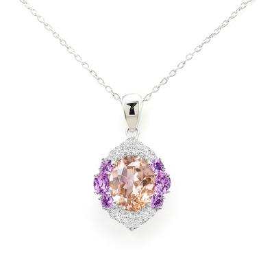 14K White Gold Morganite, Diamond and Sapphire Pendant