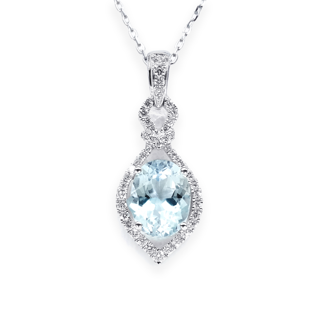 14K White Gold Aquamarine & Diamond Pendant