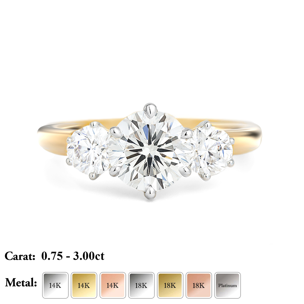 The Zoe Ring - Trilogy With Round Side Stones (6-claw) - Lab Grown Diamond