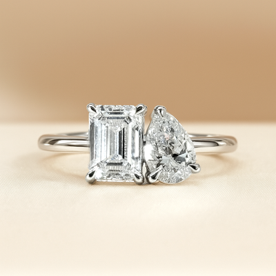 Emerald &amp; Pear Cut Toi et Moi Ring with 2.20 Carat TW of Lab-Grown Diamonds in 18kt White Gold