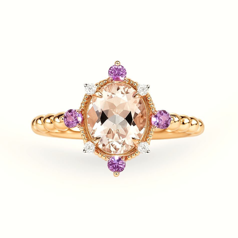 14K Rose Gold Morganite, Diamond and Amethyst Ring