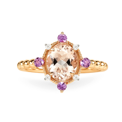 14K Rose Gold Morganite, Diamond and Amethyst Ring