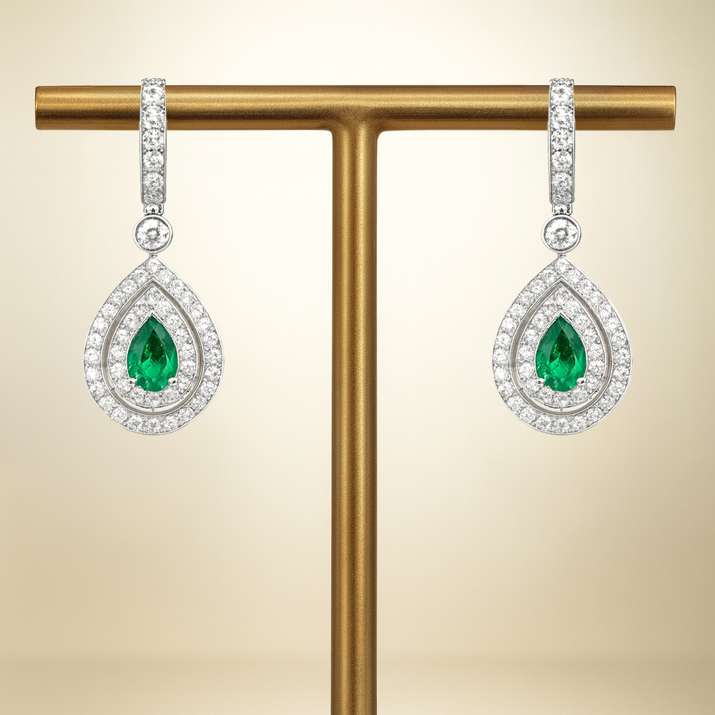 18K White Gold Emerald & Diamond Earrings