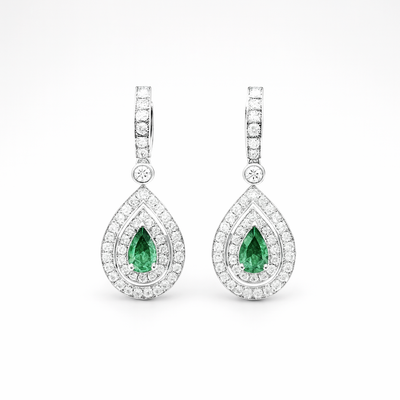 18K White Gold Emerald & Diamond Earrings