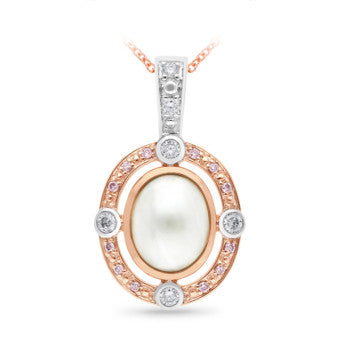 9K Rose Gold Solid Opal & White, Pink Diamond Pendant