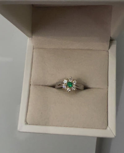 Platinum and 18K Yellow Gold Emerald and Diamond Flower Ring