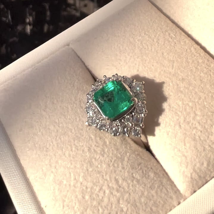 Platinum Emerald & Diamond Halo Ring