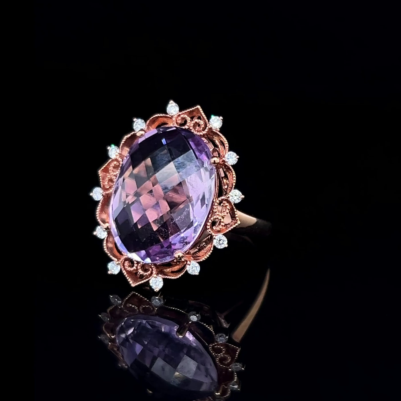 14K Rose Gold Amethyst & Diamond Ring