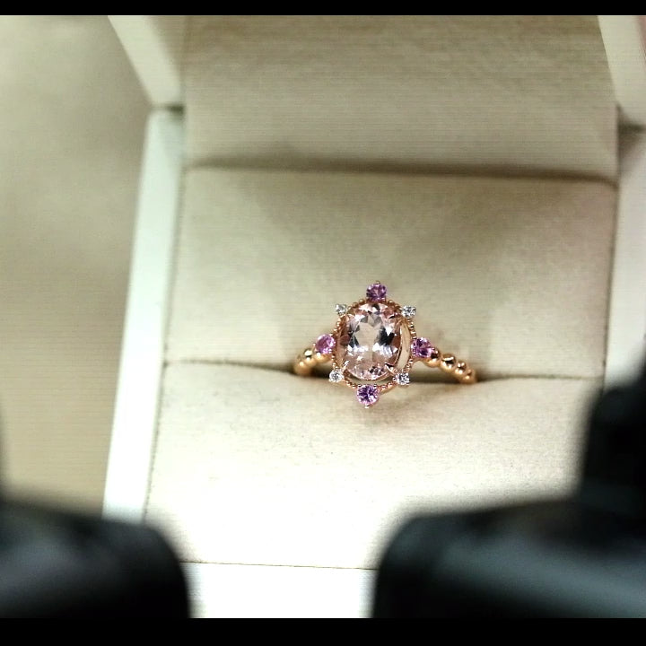 14K Rose Gold Morganite, Diamond and Amethyst Ring