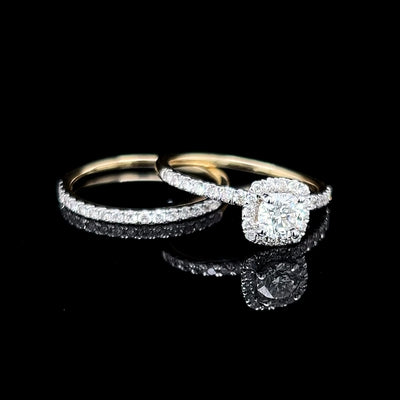 14k Yellow Gold Round Brilliant & Cushion Diamond Cluster Bridal Set