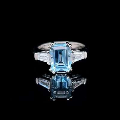 Platinum Emerald-Cut Aquamarine Three-Stone Ring with Tapered Baguette Lab Grown Diamond Sides