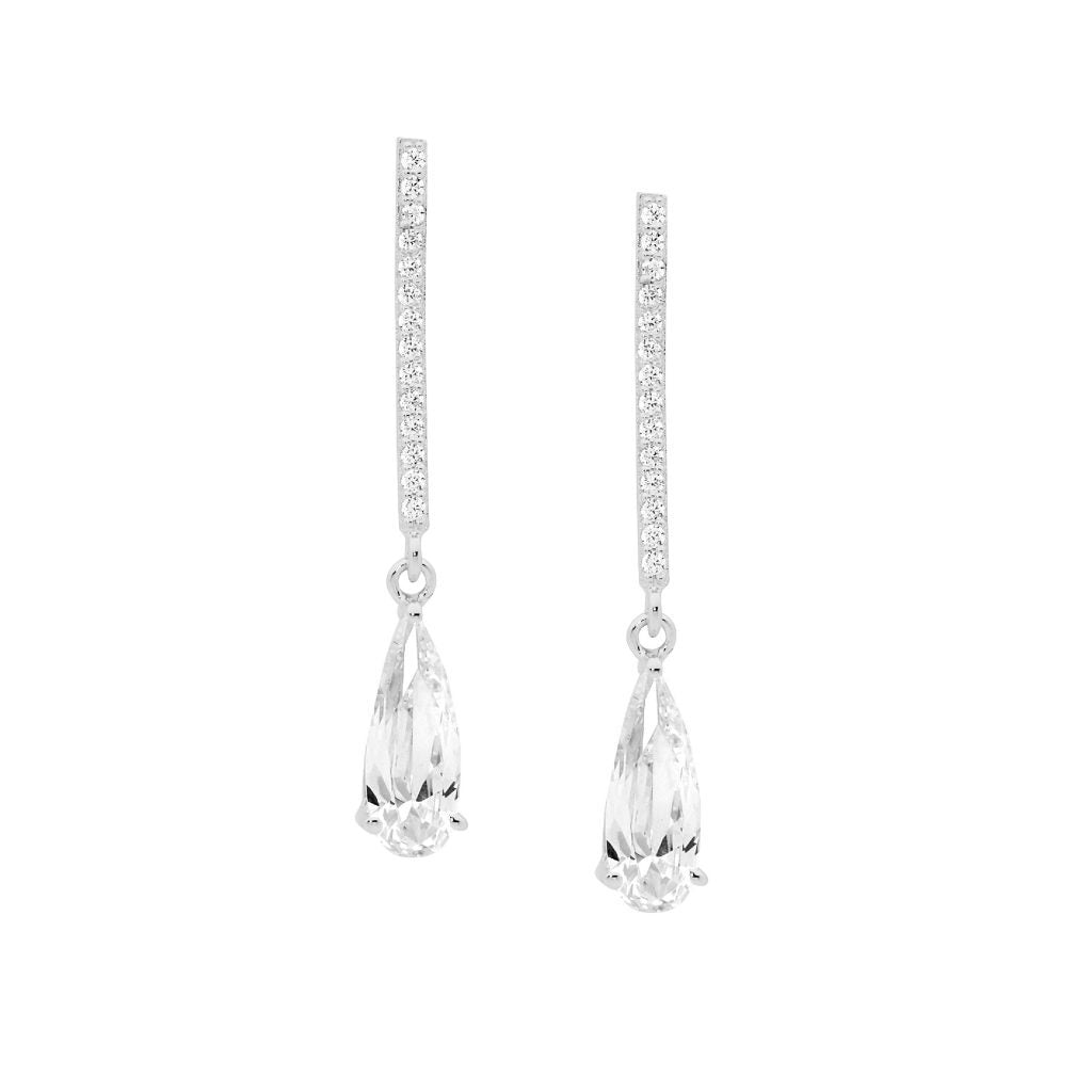 ELLANI Sterling Silver Mid Length Drop Earings with Cubic Zirconia