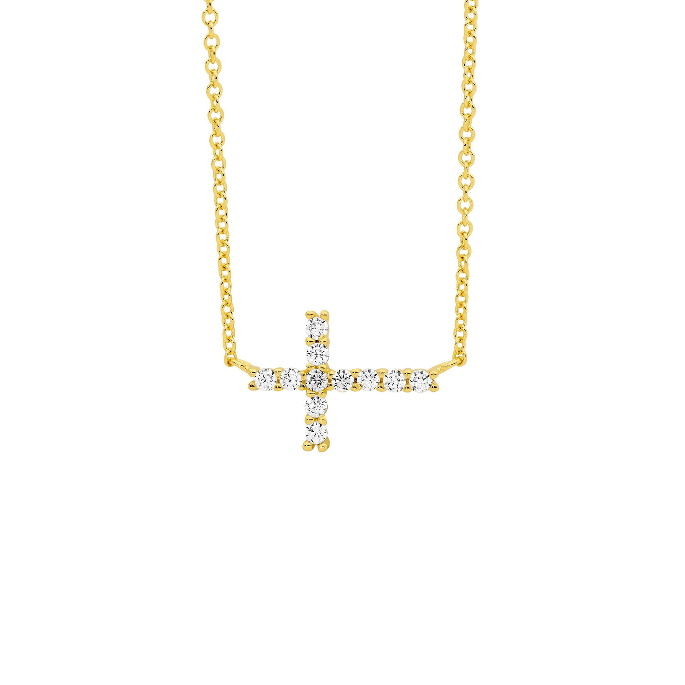 Yellow Gold Plated Cross Necklace with Cubic Zirconia