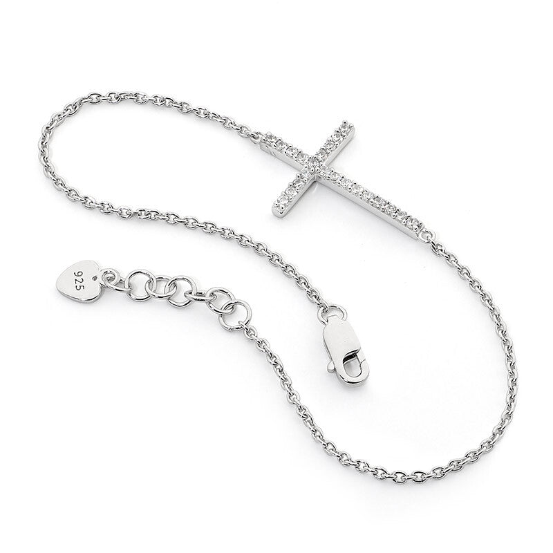 Sterling Silver Cross Bracelet with Cubic Zirconia