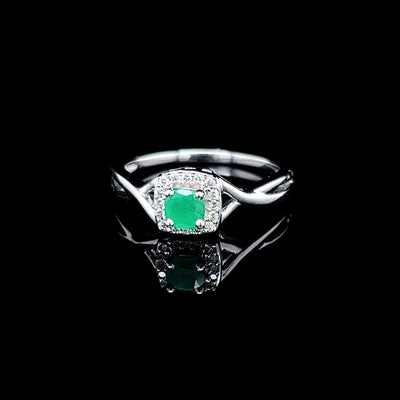 White Gold Emerald Braided Ring with Diamond Halo