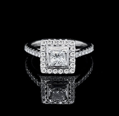 White Gold Princess Cut Diamond & Halo Engagement Ring