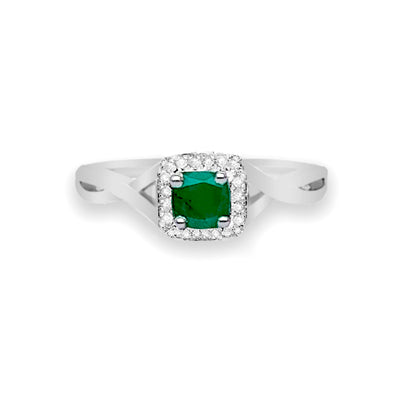 White Gold Emerald Braided Ring with Diamond Halo